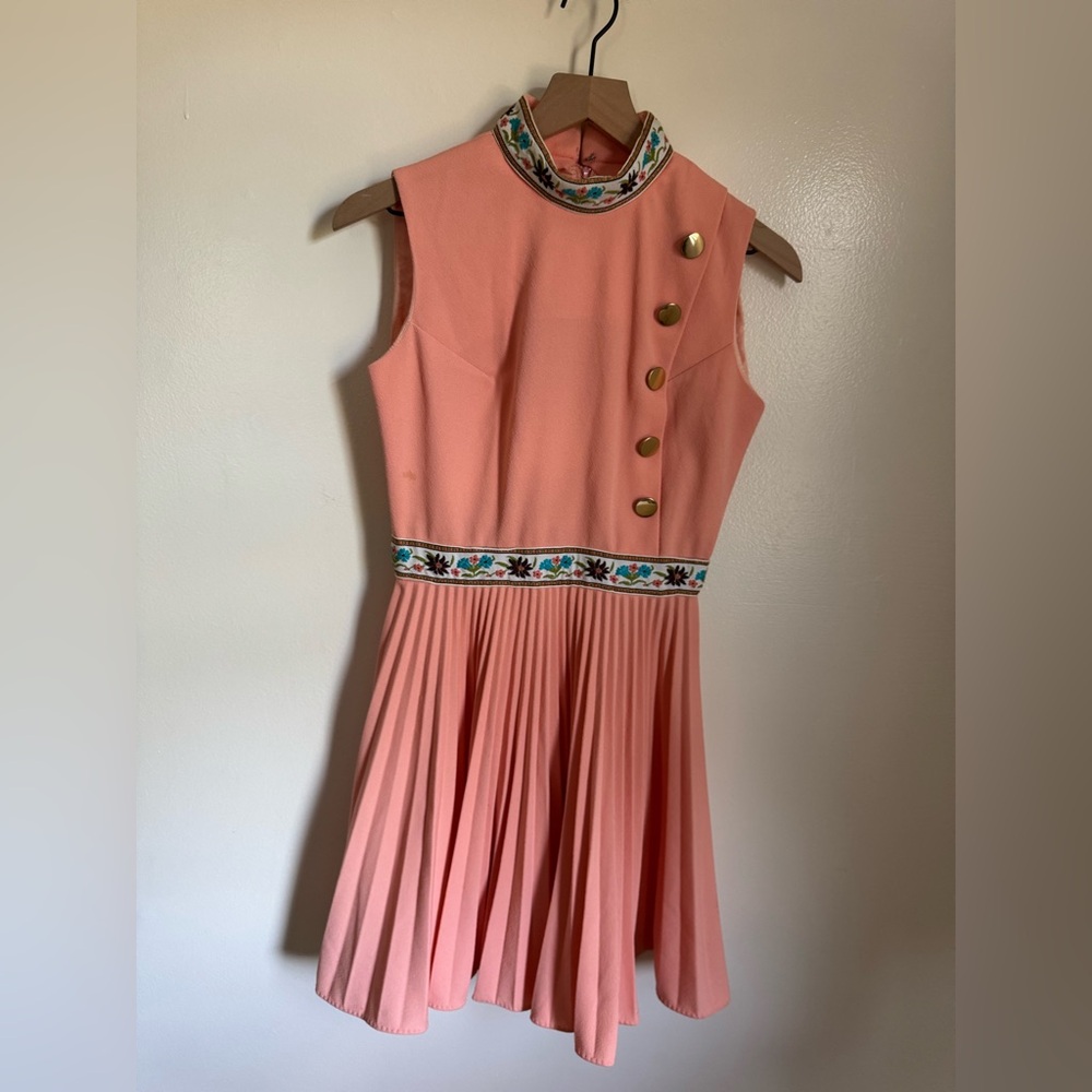 Vintage 1960s coral pink Mongolian detailed skater dress